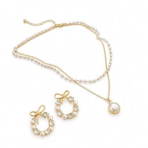 AZSHOPEX Pearl and Crystal Bow Wreath Stud Earrings with Layered Pendant Necklace Set, Gold-Tone, Korean-Inspired