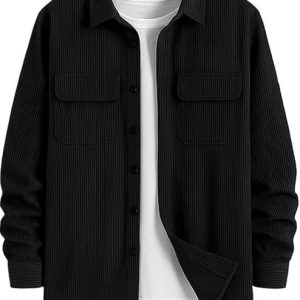 DEELMO Men’s Full Sleeve Corduroy Shirt | Stylish Textured Casual Button-Down Shacket for Autumn Winter | Dual Pocket Front Design | Ideal for Layering and Daily Outfits